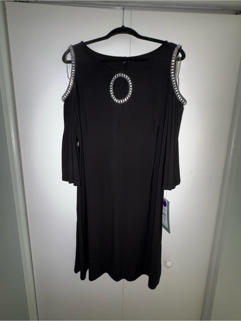 MSK Black Cold-Shoulder Midi Dress with Crystal Ring Detail